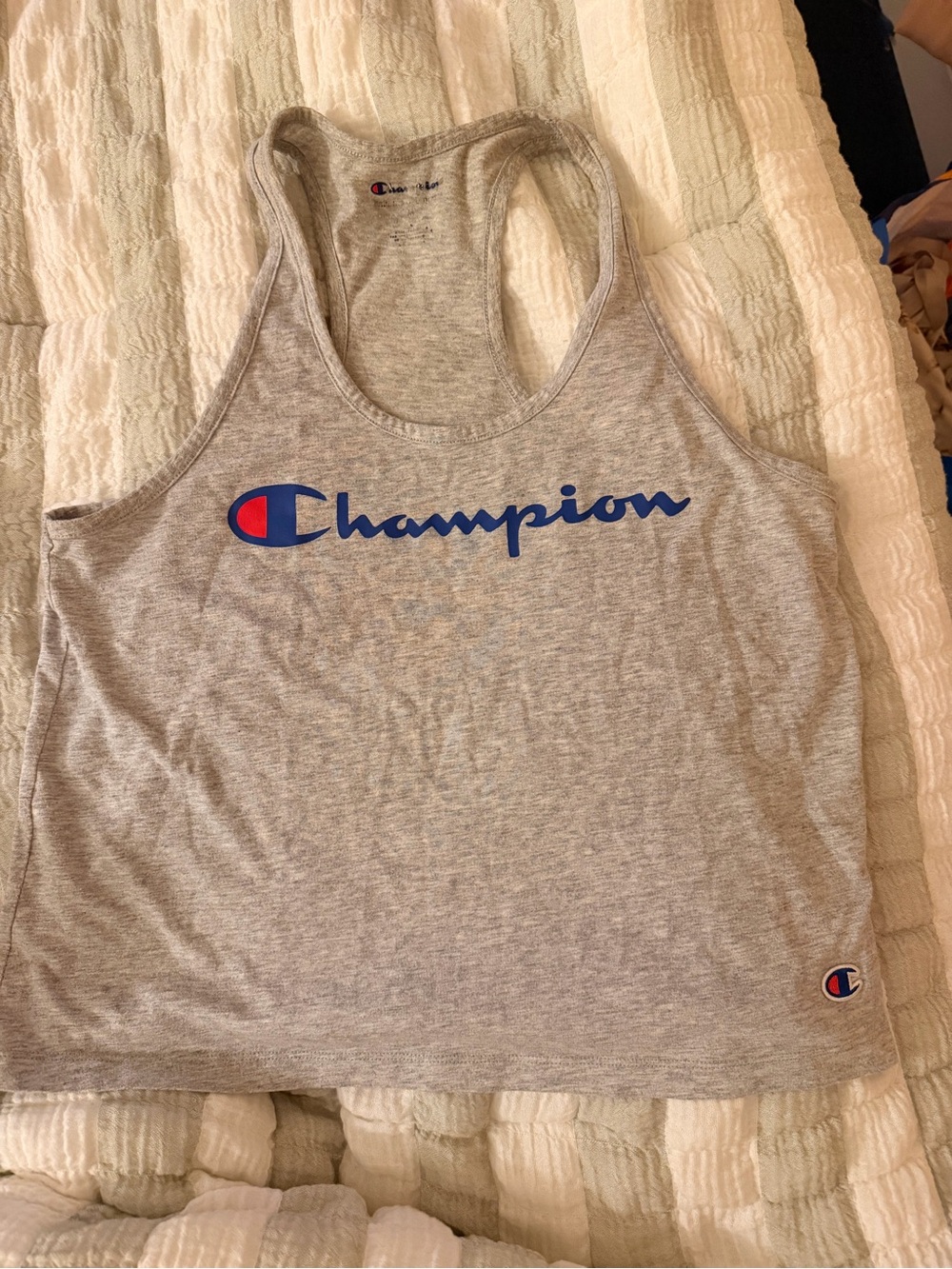 Champion Light Gray Racerback Tank with Blue and Red Logo